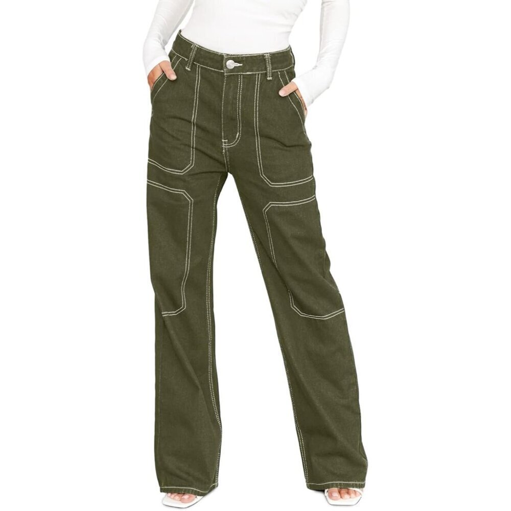 Women's Green Casual Mid Waist Stretch Button Wide Leg Denim Cargo Pants